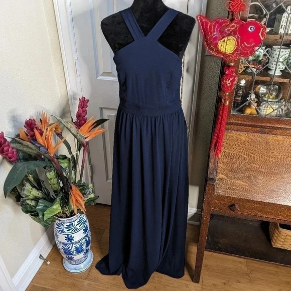 Moving Sale 💘 Lulu's Air Of Romance Dress Size L Navy Blue Maxi Halter Lined - Picture 2 of 7